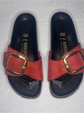 Birkenstock Madrid Big Buckle Slides Fire Red Oiled Nubuck Leather Sz 4.5 EU 35